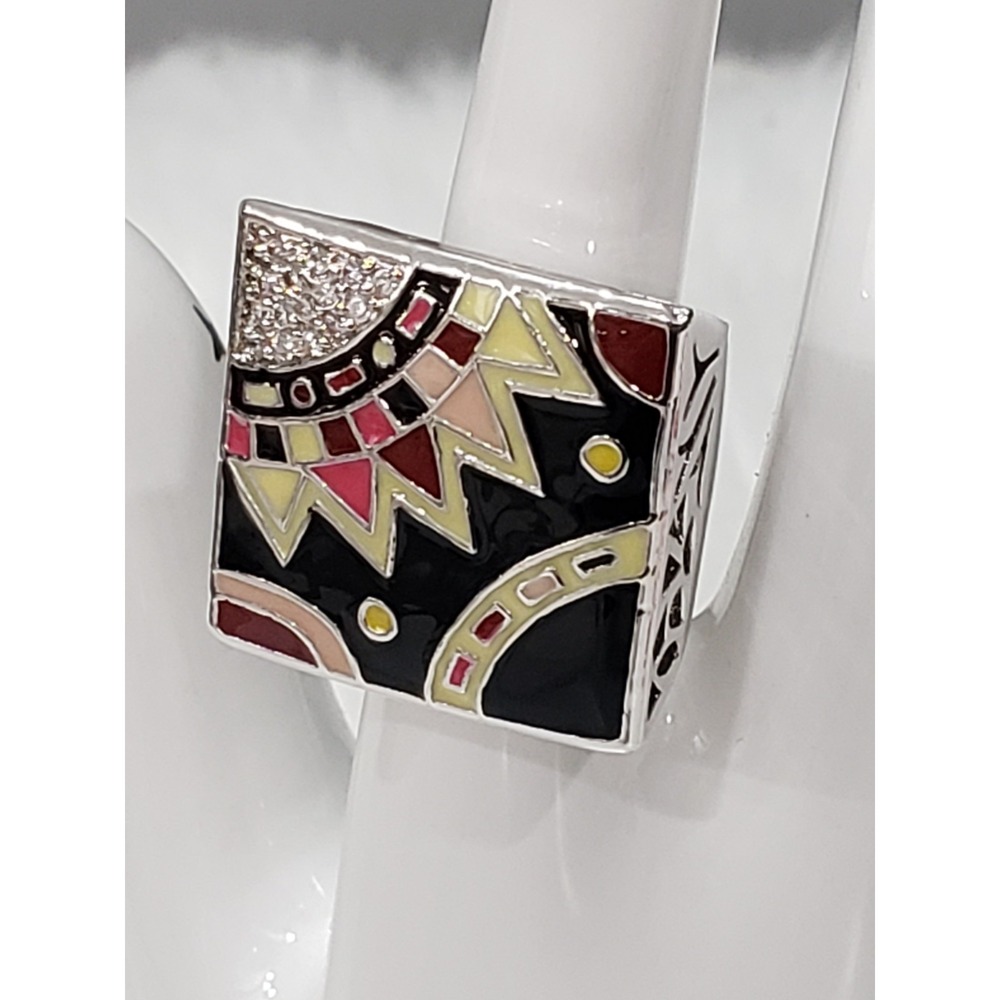 SIZE 5 Lauren G Adams Cubic Zirconia Enamel Art Deco Ring Sun Celestial Cocktail